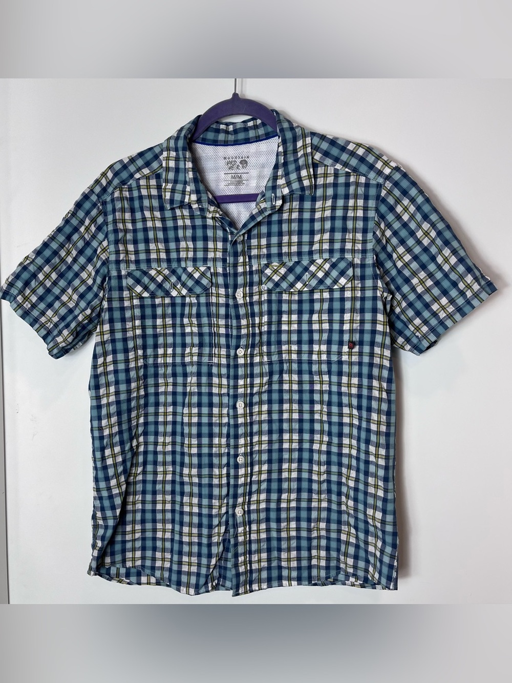 Mountain Hardwear Men's Large Blue Plaid Short Sleeve Shirt‎ Casual Y2K Medium
